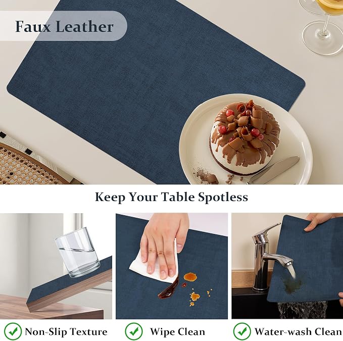 FROMHEART Faux Leather PU Placemats Set of 6 (Dark Blue,11.8" x 17") | Waterproof,Heat/Oil Stain-Resistant Table Mat–Reversible,Non-Slip,Easy to Clean Place Mats for Kitchen,Dining,Indoor/Outdoor
