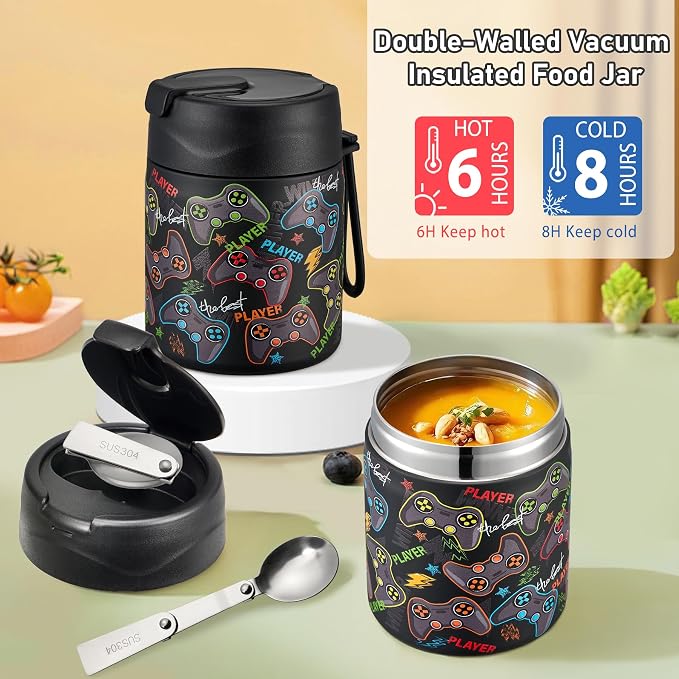 Bento Lunch Box for Kids with 17oz Soup Thermo,Insulated Tumbler Water Bottle and Insulated Lunch Bag,Leak-Proof 3 Compartment Lunch Food Container with Ice Pack for Kids to School-Game Console