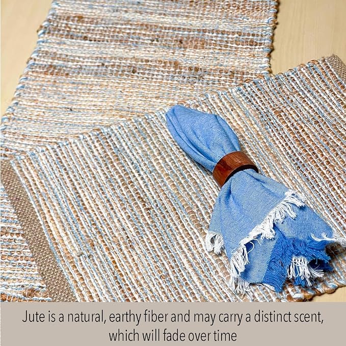 Natural Jute Table Runner, 13x72 Inch | Sky Blue-White, Vintage Boho Rustic Decor, Handwoven, Farmhouse Dining or Console Table Accent
