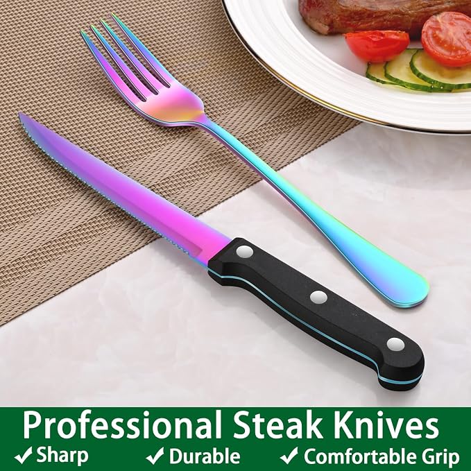 Rainbow 24 Pieces Stainless Steel Silverware Sets With Steak Knives Service For 4,Colorful Eating Utensils Set Includes Knife Spoon Fork For Kitchen Flatware Sets
