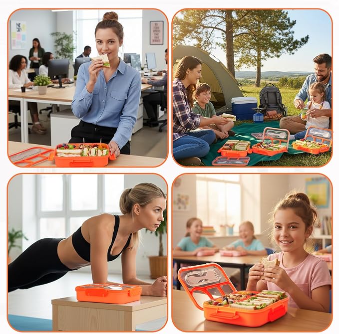 Bento Box for Adults, 4 Compartments Lunch Box, Lunch Containers, Orange