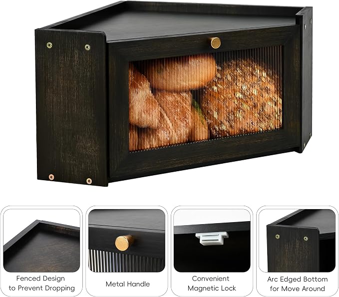 Bread Box for Kitchen Countertop with Acrylic Window Black | Farmhouse Bread Storage Container, Large Pantry Organizers for Homemade Snacks, Loaves, Breathable Keeps Bread Fresh