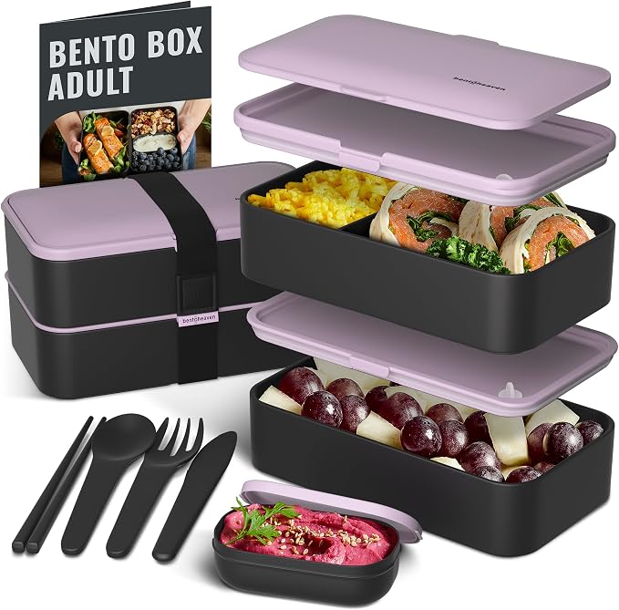Bentoheaven Bento Box Adult, Stackable Lunch Box, 40 oz, Violet Me Go | BPA-free, leakproof and microwave-safe with 2 compartments, utensils, chopsticks, divider and sauce cup for men and women.