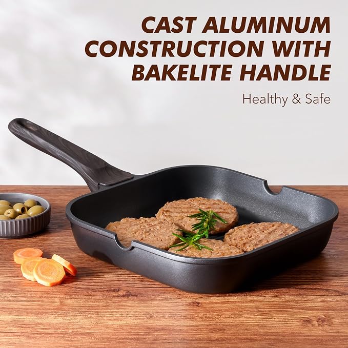 SENSARTE Nonstick Grill Pan for Stove Tops, Versatile Griddle with Pour Spouts, Square Big Cooking Surface, Durable Skillet Indoor & Outdoor Grilling. PFOA Free,12Inch