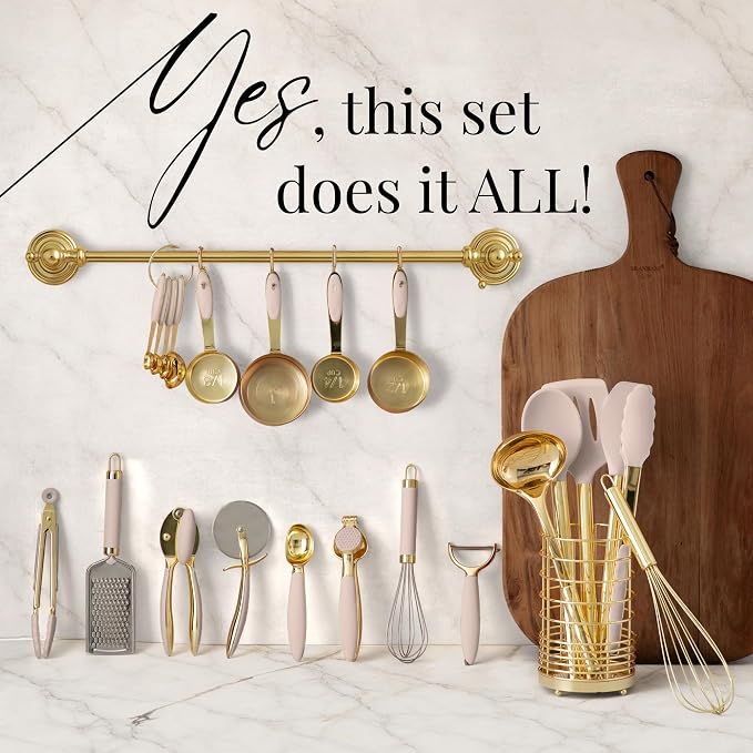 Styled Settings Beige and Gold Utensils Set, 23-Piece | Silicone Nonstick Cooking Tools with Garlic Press, Can Opener, Measuring Cups, Utensil Holder - Luxury Kitchen Accessories
