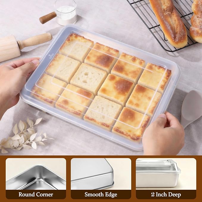 LIANYU Baking Cake Pan Set with Lid, 12⅓ x 9¾ x 2 Inch Lasagna Brownie Pan | Stainless Steel Baking Sheet, Rectangular Metal Bakeware, Oven & Dishwasher Safe Pan (1 Pan +1 Lid )