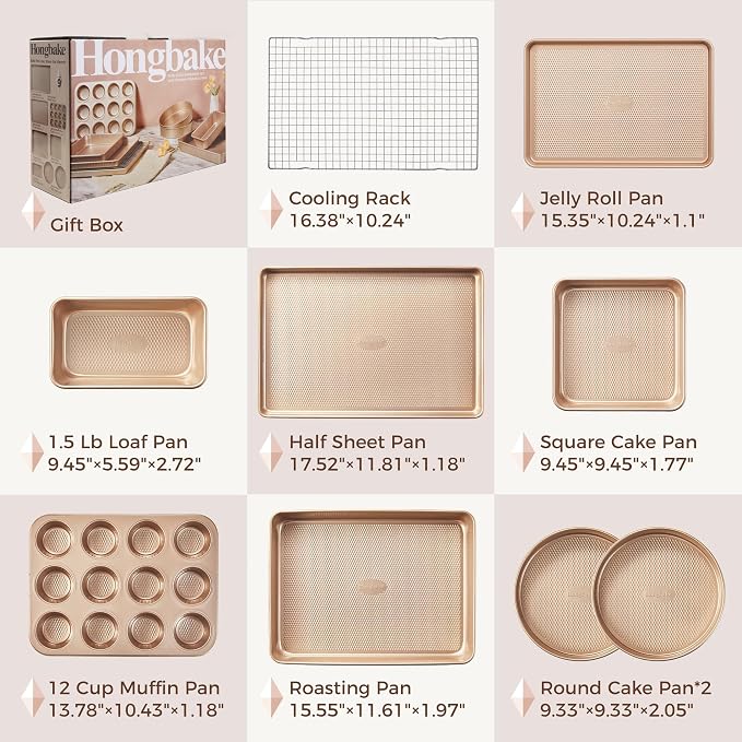 9-Piece Baking Pans Set Nonstick, Stackable Non Toxic Bakeware Sets with Diamond Texture, Oven Pan Set for Cooking, Includes Cookie Sheet with Rack, Cake Pan, Roasting Pan, Muffin Tin, Gold