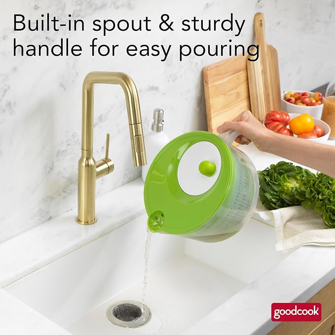 GoodCook Deluxe Salad Spinner - 6 Qt. Capacity, Easy Turn Knob, Built-In Pour Spout, Multi-Use Basket, Durable and Dishwasher-Safe, Large Capacity, Green