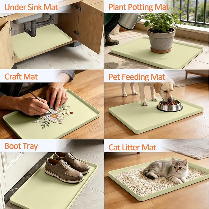 Silicone Coffee Maker Mat with Lip for Countertops 15.7''x11.8'' Sage Green | Multi leak-proof coffee tray for countertop, non-slip silicone mat fits most coffee makers & espresso machines, wipe-clean