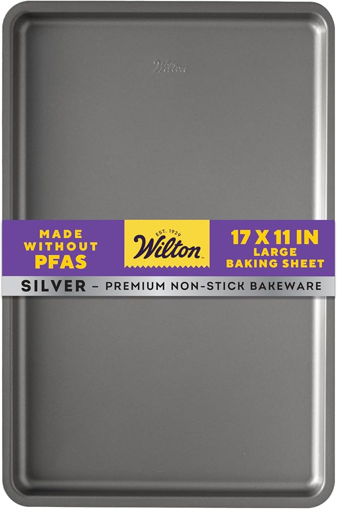 Wilton Silver Non-Stick Large Baking Sheet, Made Without PFAS, 17x11.5 in. | Non-Stick Steel Bakeware, Dishwasher Safe with 5-Year Limited Warranty, Perfect for Cookies, Roasting & Sheet Pan Meals