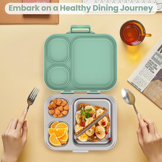 Pawtong Stainless Steel Bento Lunch Box for Kids | 3-Compartment Lunch Box Container Kids | 100% Leakproof, Eco-Friendly, Perfect Portion Control for Kids&Adult Healthy Meals (Green)