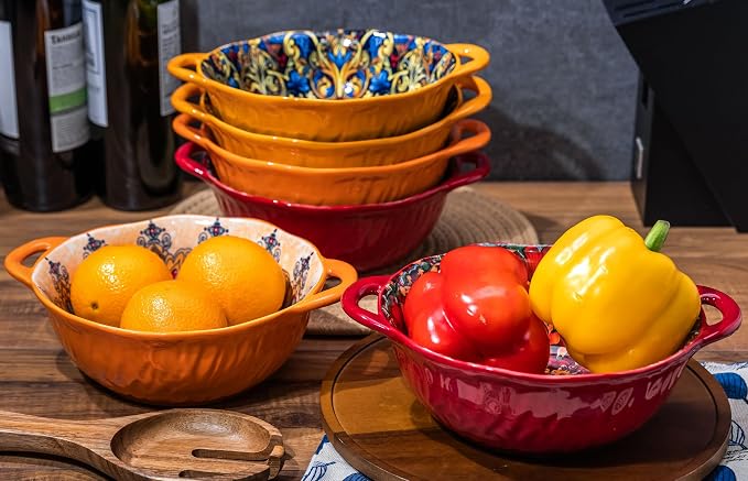 Boho Ceramic Serving Bowls with Handles Set of 2, Ceramic Large Serving Bowls, 40 Oz Porcelain Salad Bowls, Large Serving Dishes for Entertaining, Nesting Mixing Bowls for Soup,Stew,Fruits,Dinner