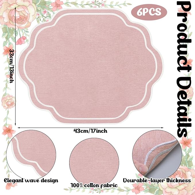 6 Pcs Pink Wedding Placemats Scalloped Embroidered Cotton Linen Placemats 17" x 13" Double Layered Machine Washable Table Place Mat for Party Table Decor (Cotton)