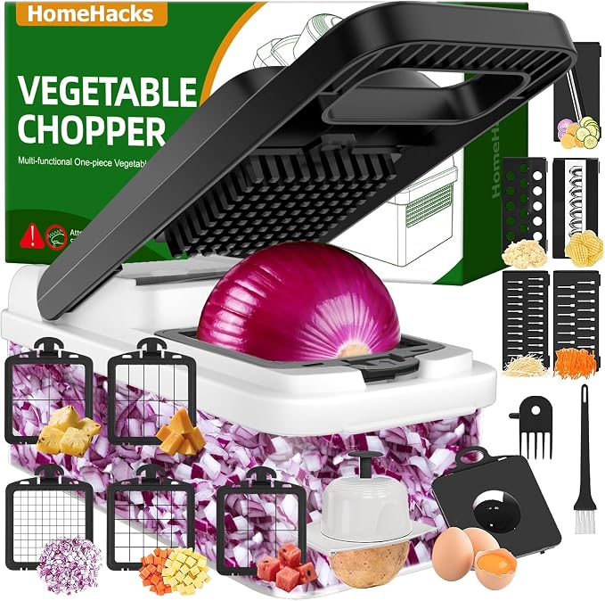 HomeHacks Veggie Chopper Vegetable Cutter, 15 in 1 Kitchen Gadget, White | Dicer, Slicer, Cutter, Slap Chop, Cheese Grater & Egg Separator - Multi-Functional Salad Fruit Onion Chopper with Container