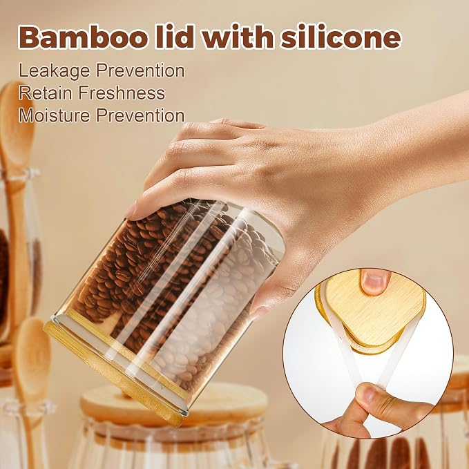 Glass Jars with Bamboo Lids and Spoons, 16 oz Glass Storage Containers | Dry Food Storage Sugar, Coffee, Nuts, Cookie, Candy, Tea, Airtight Kitchen Canisters Spice Jars