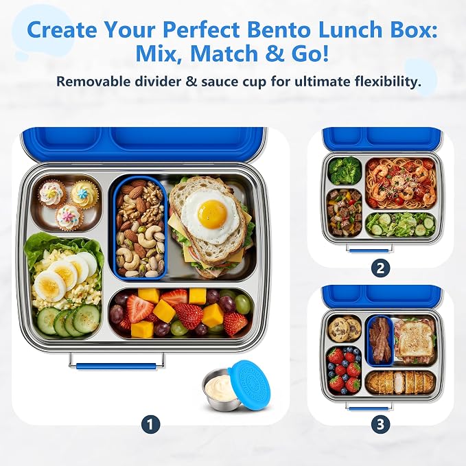 Stainless Steel Bento Lunch Box for Kids & Adults, 4 Compartment Kids Lunch Box, Metal Bento Box with Silicone Container and Stainless Steel Sauce Container,BPA-Free,School,Office(Blue)
