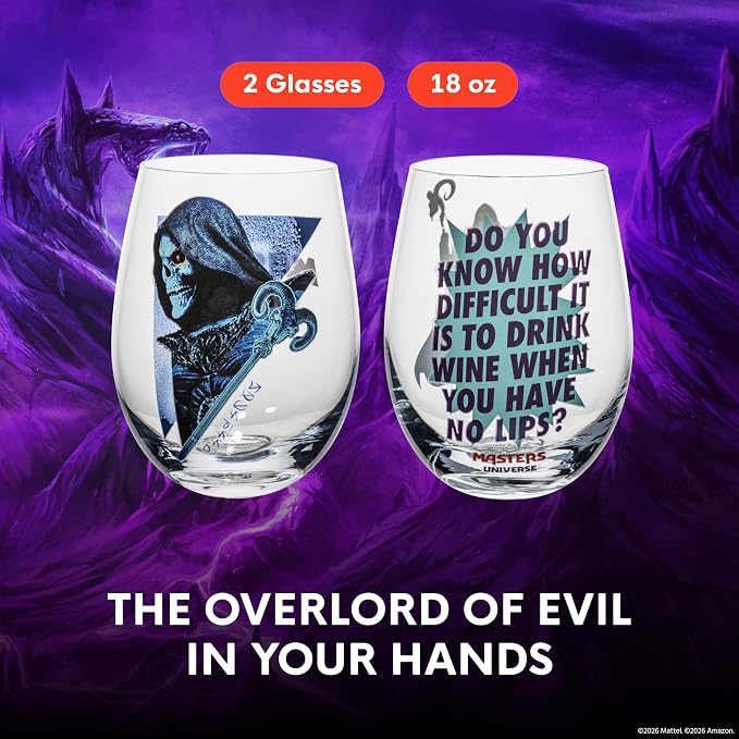 Dragon Glassware x Masters of the Universe Skeletor Wine Glasses, 18 oz | Stemless Wine Glasses Set of 2; MOTU Wine Glass Tumblers; Official Masters of the Universe 2026 Movie Merch
