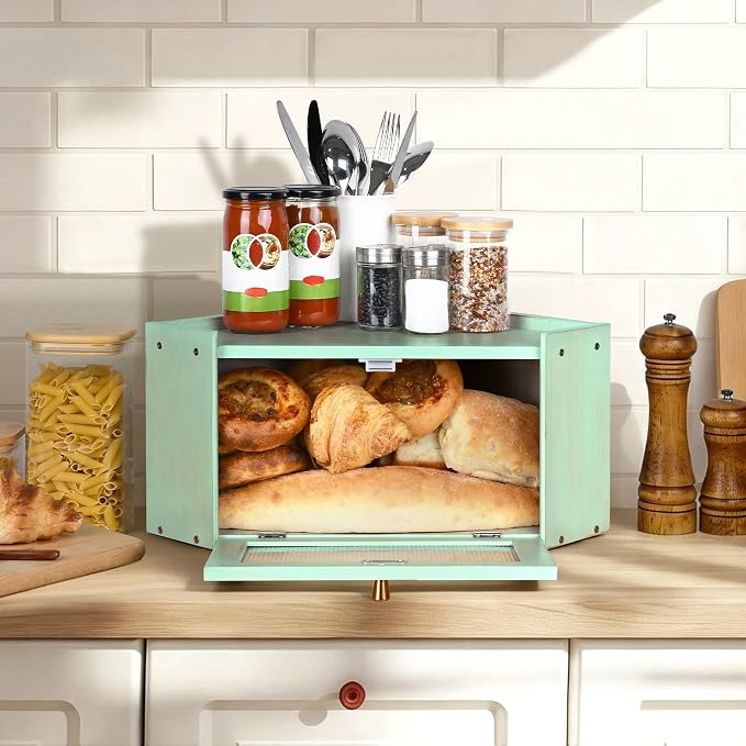 Bread Box for Kitchen Countertop with Acrylic Window Green | Farmhouse Bread Storage Container, Large Pantry Organizers for Homemade Snacks, Loaves, Breathable Keeps Bread Fresh