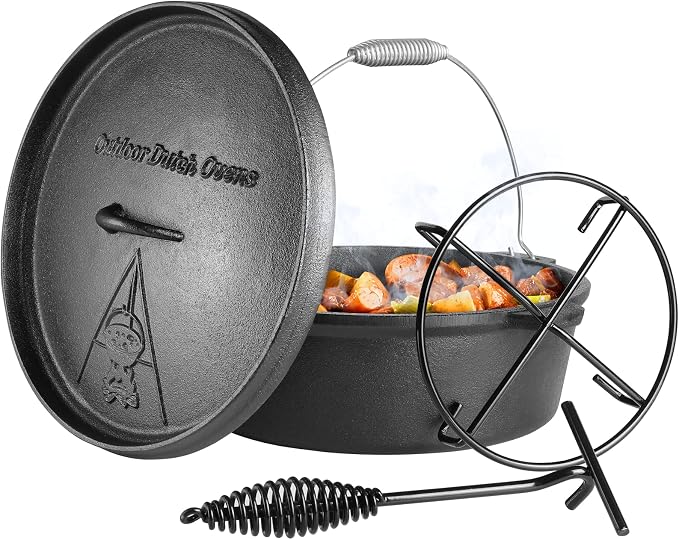 LIFERUN 6.2 Quart Cast Iron Dutch Oven Pot with Lid | Dutch Oven with Stand & Spiral-shaped Handle, Cast Iron Pot without Feet for Outdoor & Indoor