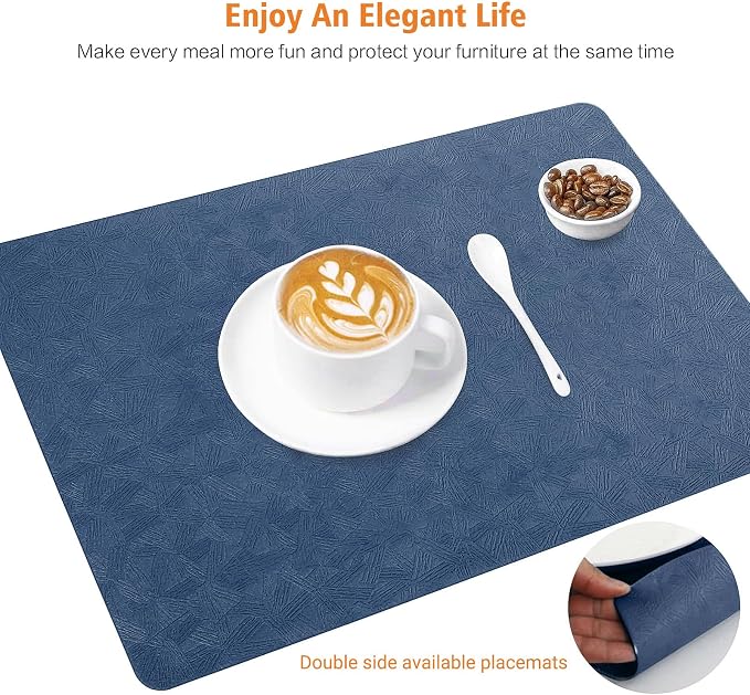 Blue Vinyl Placemats Set of 6 Waterproof Wipeable Table Mats | Heat Resistant Easy Clean Place Mats Faux Leather Table Mats Washable PVC Table Placemats for Dining Table