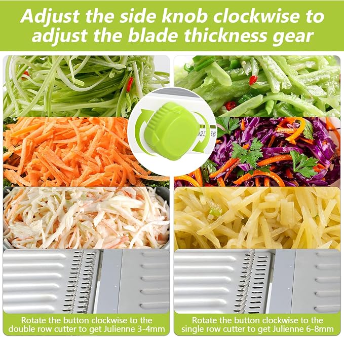 Mandoline Slicer for Kitchen, Adjustable Vegetable Potato Slicer | Stainless Steel Safe Mandolin Veggie Fruit Cutter with Food Holder, for Onion Cucumber Tomato Carrot, Green