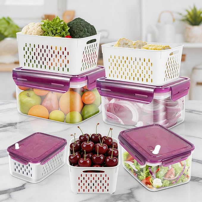 4Pack Fruit Storage Container for Fridge with Colander and Vent - Purple | 8 Pieces BPA Free Kitchen Refrigerator Organizers Plastic Fruit Containers for Fridge for Fruit Berry Salad Lettuce