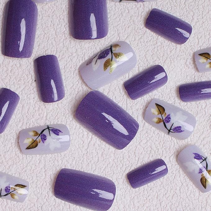 24 Pcs Fall Press on Nails Medium Square Fake Nails with Flower Full Cover Designs Nails Press ons Purple Glue on Nails Glossy Stick on Nails for Women