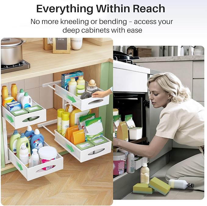 Under Sink Organizer, 2 Pack 2 Tier Pull out Cabinet Organizer Baskets with Mesh Sliding Drawers, Slide out Sink Storage Shelves for Kitchen, Bathroom, Pantry, Cabinet Organizers and Storage(White)