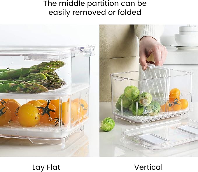 Produce Saver with Lids, 2 Piece Fruit Vegetable Storage Container with Vents Stackable Fridge Drawers Organizer Salad Lettuce Keeper For Refrigerator,Bpa-free Fresh Keeper,5.7L&2.8L