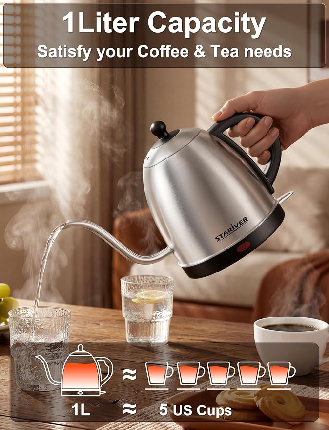 Stariver Gooseneck Electric Kettle, 1L Stainless Steel Pour Over Tea Pot | Fast Heating, Auto Shut-Off, Boil-Dry Protection, BPA-Free, for Pour Over Coffee, Tea, Drip Brew, Home or Office