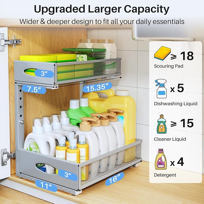 Under Sink Organizer, 2 Pack 2 Tier Pull Out Under Cabinet Organizer Shelf with Pad for Framed Cabinets, Metal Slide Out Under Sink Storage, Mesh Sliding Drawers for Kitchen Bathroom Laundry, Grey