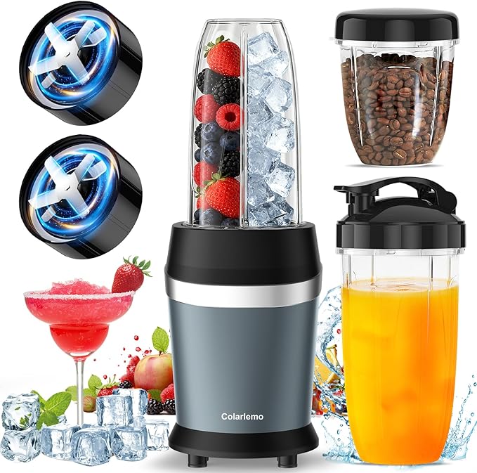 Colarlemo 1200W Smoothie Blender, Personal Kitchen Blender, Ice Crushing | 25000 RPM, Dishwasher Safe, 12Pcs, 6-Leaf Blade×2, 3 Cup Sizes, Smoothie Maker Grinder Frozen Drinks Nuts, Ash Blue