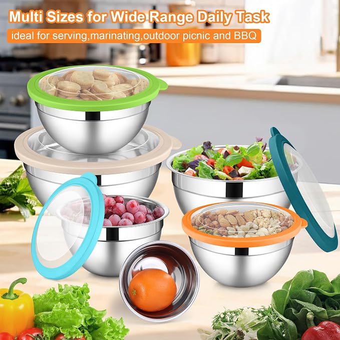 LIANYU Mixing Bowls with Visible Lid Sets, Size 7, 3.5, 2.5, 2, 1.5, 1QT | Large Stainless Steel Cooking Bowls, Nesting Metal Serving Bowl for Kitchen, Baking, Storage, Food Prepping, Multi-Color