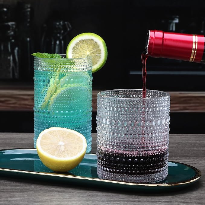 Hobnail Drinking Glasses, Tumbler Glassware, Set of 12 | 10 oz Cocktail Glasses & 12 oz Highball Glasses, Glass Cups for Whiskey, Juice, Home, Bar & Kitchen, Dishwasher Safe