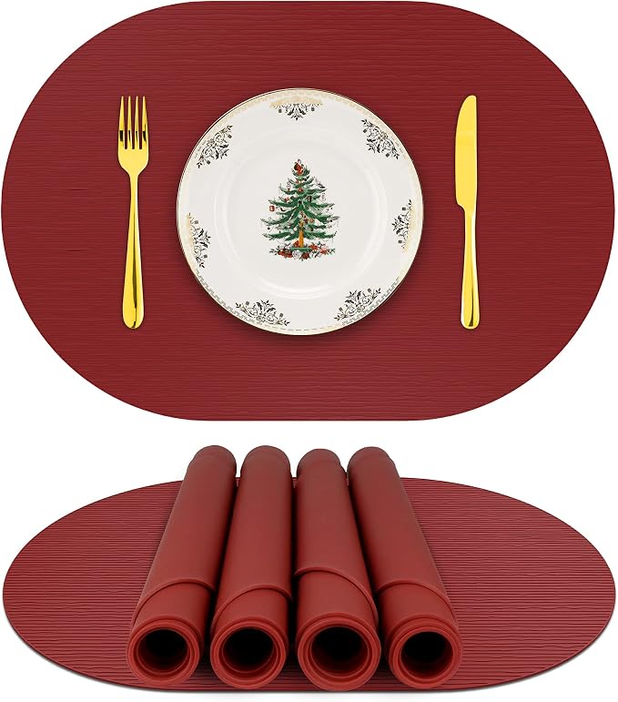 IYYI Silicone Placemats, Dining Placemats Set of 4, Waterproof Placemats for Kids, Heat Resistant Non-Slip Silicone Mats for Dinner Table, Dishwasher Safe (Wine Red, 17.7" ×12")