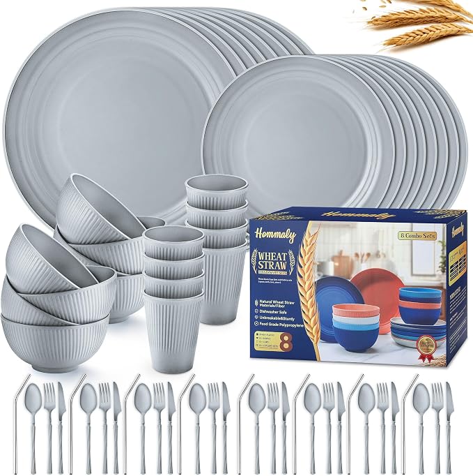 Wheat Straw Dinnerware Sets,64-Piece Plates and Bowls Sets for 8-Unbreakable,Reusable Plastic Dish Set-Dinner Plate/Dessert Plate/Cereal Bowl/Cup/Utensils-Microwavable Dishwasher Safe 64P-Gray