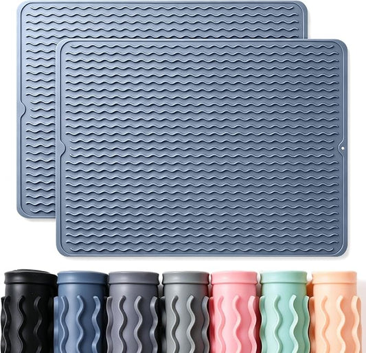2 Pack Caketime Silicone Dish Drying Mat for Kitchen Counter Multiple Usage for Cooking Grilling Under Sink Office Coffee Accessories Appliances Pioneer Woman Stuff Extra Large 24"x18" Blue