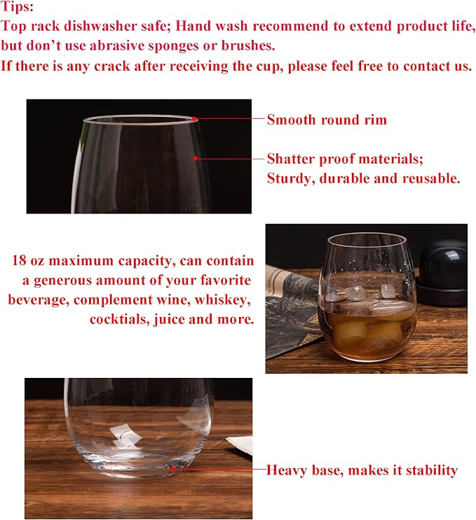 KOXIN-KARLU Classic 18-ounce Acrylic Stemless Wine Glasses, Unbreakable Mixed Drinkware Plastic Tumbler, set of 6 Clear