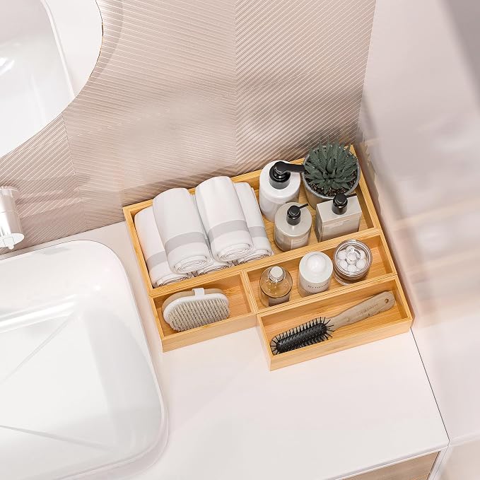 Kitchen Drawer Organizer Bins, Stackable Bamboo Deep Drawer Organizer for Silverware, Utensils, Cutlery, Flatware, Junk Drawer, Dresser, Bathroom, 6" x 3" x 2.5" (Set of 2)