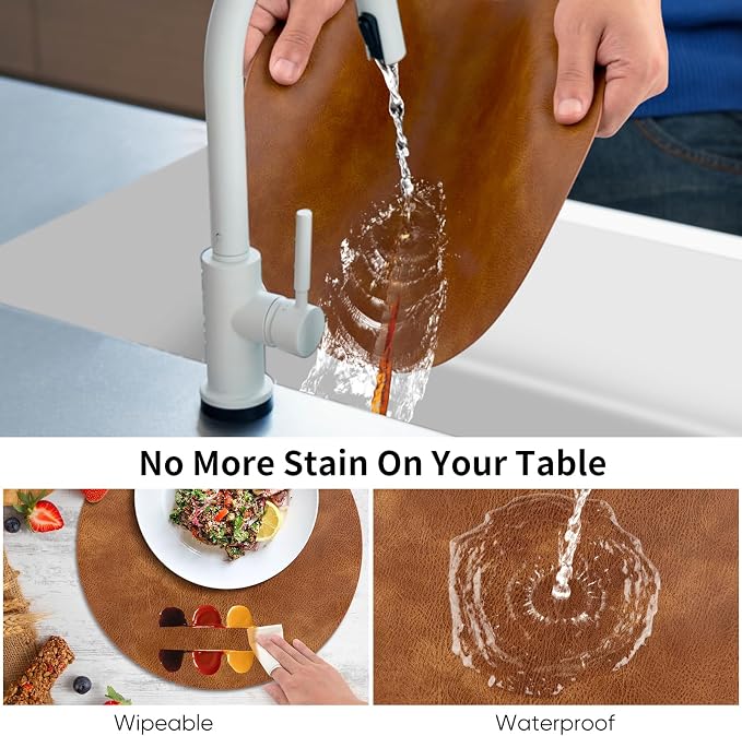 ADRIMER Placemats, Heat Resistant Round Placemats Set of 6 Washable, Waterproof Table Mats, Wipeable Faux Leather Place Mats for Kitchen, Dining Room, Turmeric Brown