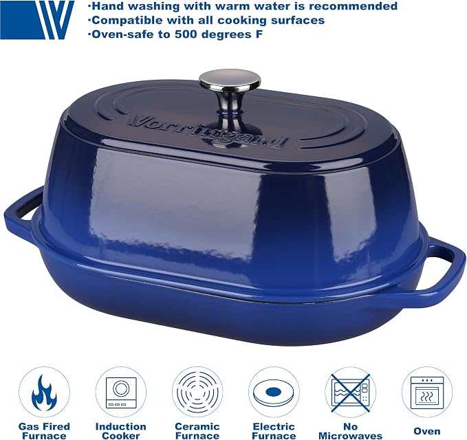 Enameled Cast Iron Dutch Oven Pot with Dome Lid, Oval Bread Oven for Homemade Sourdough Bread Baking, Oven Safe up to 500°F, 6 Quart, Blue