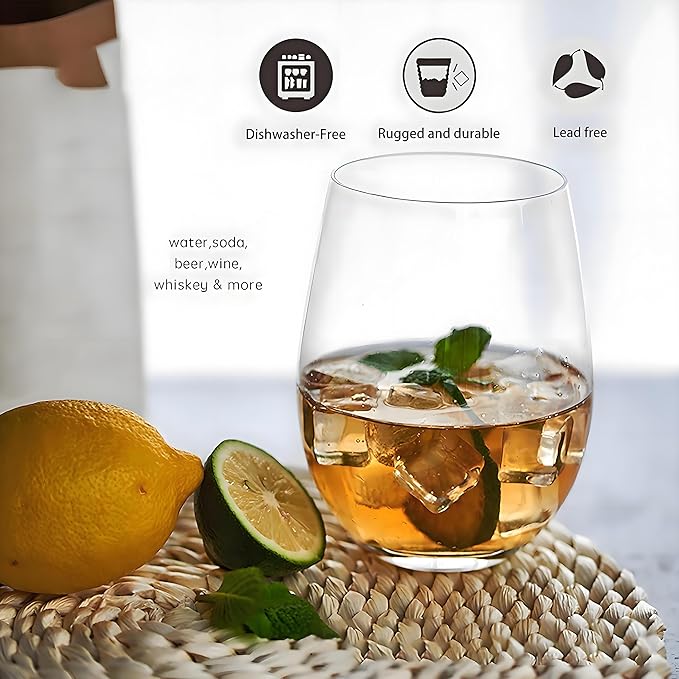 Stemless Wine Glasses Set of 4-20 oz, Leadfree, Dishwasher-Safe, Perfect for Poolside, Outdoors, Camping, Evening Party, Birthdays, Shower, Housewarming Gift.（Clear）