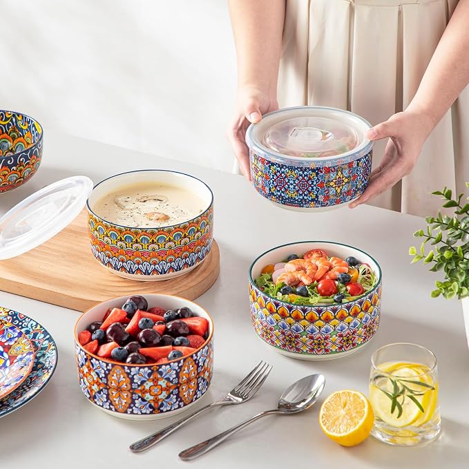 vancasso SIMI 36 oz Ceramic Bowls with Lids Set of 4,Bohemian Serving Bowl | 6 Inch Food Storage Containers Prep Bowls for Leftovers, Soup, Cereal, Meal Prep, Office Lunch, Microwave & Dishwasher Safe