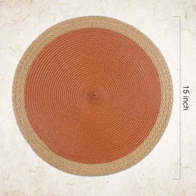 Noctiflorous Braided Round Placemats Set of 8, 15 Inch Woven Table Mats, Non-Slip Washable Wide Edge Place Mats for Kitchen Dining Table Decor (Dark Orange, 8)