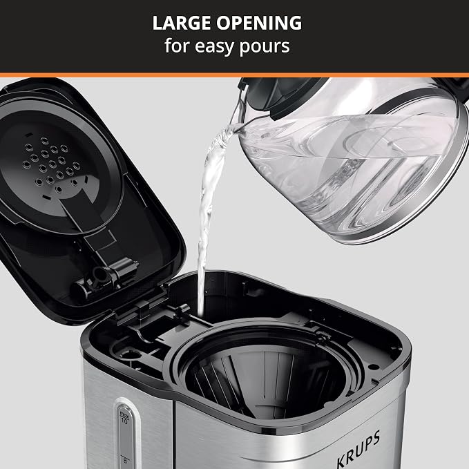 KRUPS Coffee Maker 10 Cups Simply Brew Stainless Steel Drip Coffee Maker, 900 Watts Coffee Filter, Drip Free, Dishwasher Safe Pot , Black & Silver | Pause & Brew mid-cycle pour, Keep Warm function, Reusable filter included, Drip-free dishwasher-safe gl...