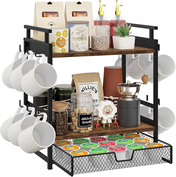 Coffee Bar Organizer for Countertop, Coffee Station Organizer | Coffee Organizer Station with Mug Holder, 3 Tier Coffee Cup Holder with Hooks and Drawer, K Cup Storage, Tea Station Stand