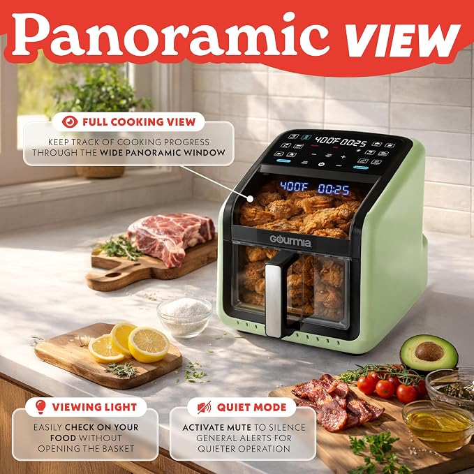 Gourmia Air Fryer 7 QT - Easy View Panorama Window & Interior Light, Guided Cooking with 12 One-Touch Presets, FryForce 360, Dishwasher Safe Accessories, Green