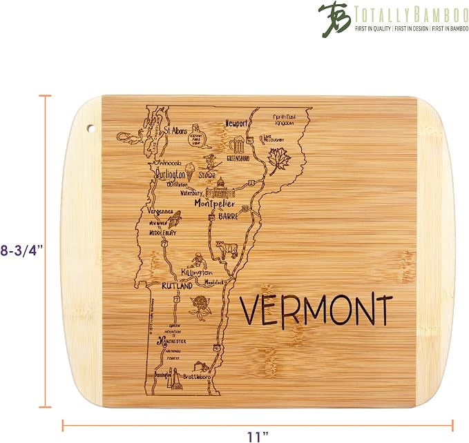 Totally Bamboo A Slice of Life Vermont Engraved Map Cutting Board | 11” x 8.75” charcuterie board with engraved state map artwork. Smooth reverse side for food prep. Hang tie for wall display.