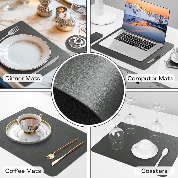 Faux Leather Placemats Set of 6 Waterproof Table Mats with Coaster | 17×12 In Heat Resistant Place Mats Set of 6 Wipebale & Washable Table Placemats for Kitchen Dining Indoor & Outdoor DeepGray