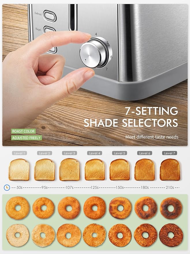 Yabano Retro Bagel Toaster 2 Slice with Extra Wide Slots | 7 Shade Settings, Defrost, Bagel And Cancel Functions, Removable Crumb Tray, Stainless Steel, Silver Finish